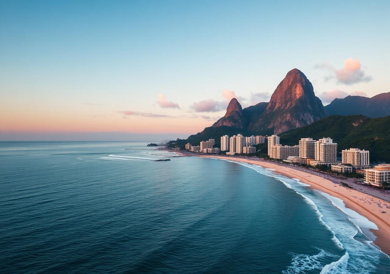 Vista aérea do litoral do Rio de Janeiro com Pão de Açúcar ao fundo